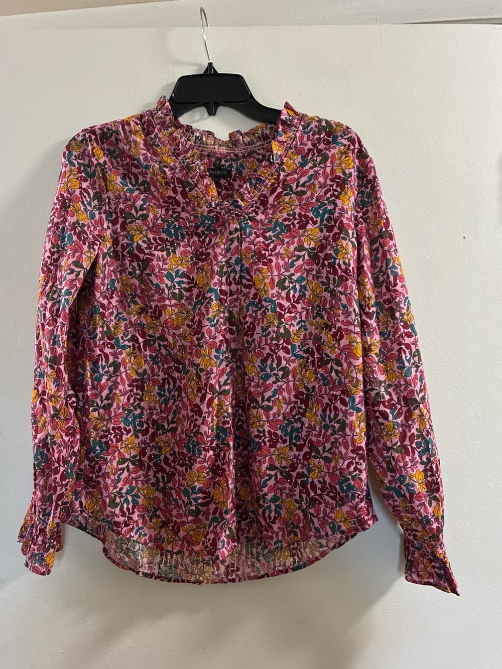 Talbots Pink Floral Ruffled-Neck Long-Sleeve Blouse